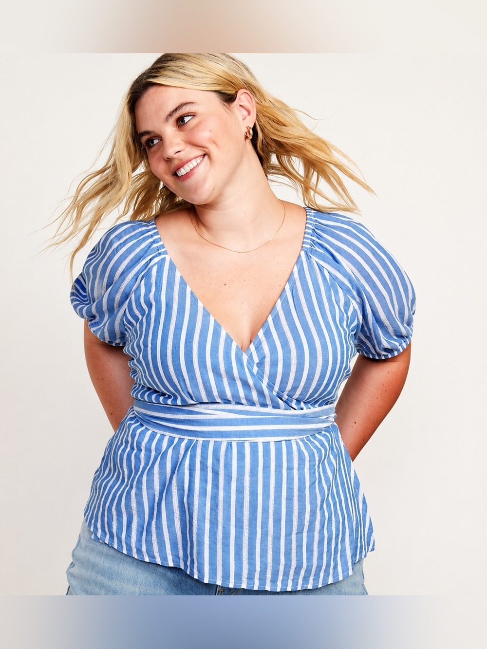 Old Navy Blue and White Striped Wrap Puff Sleeve Top